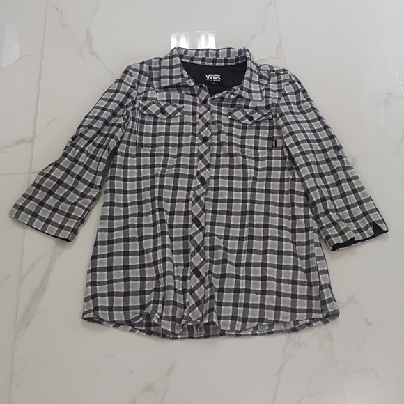 Vans 3/4 Black Gray Plaid Button up - Picture 1 of 6